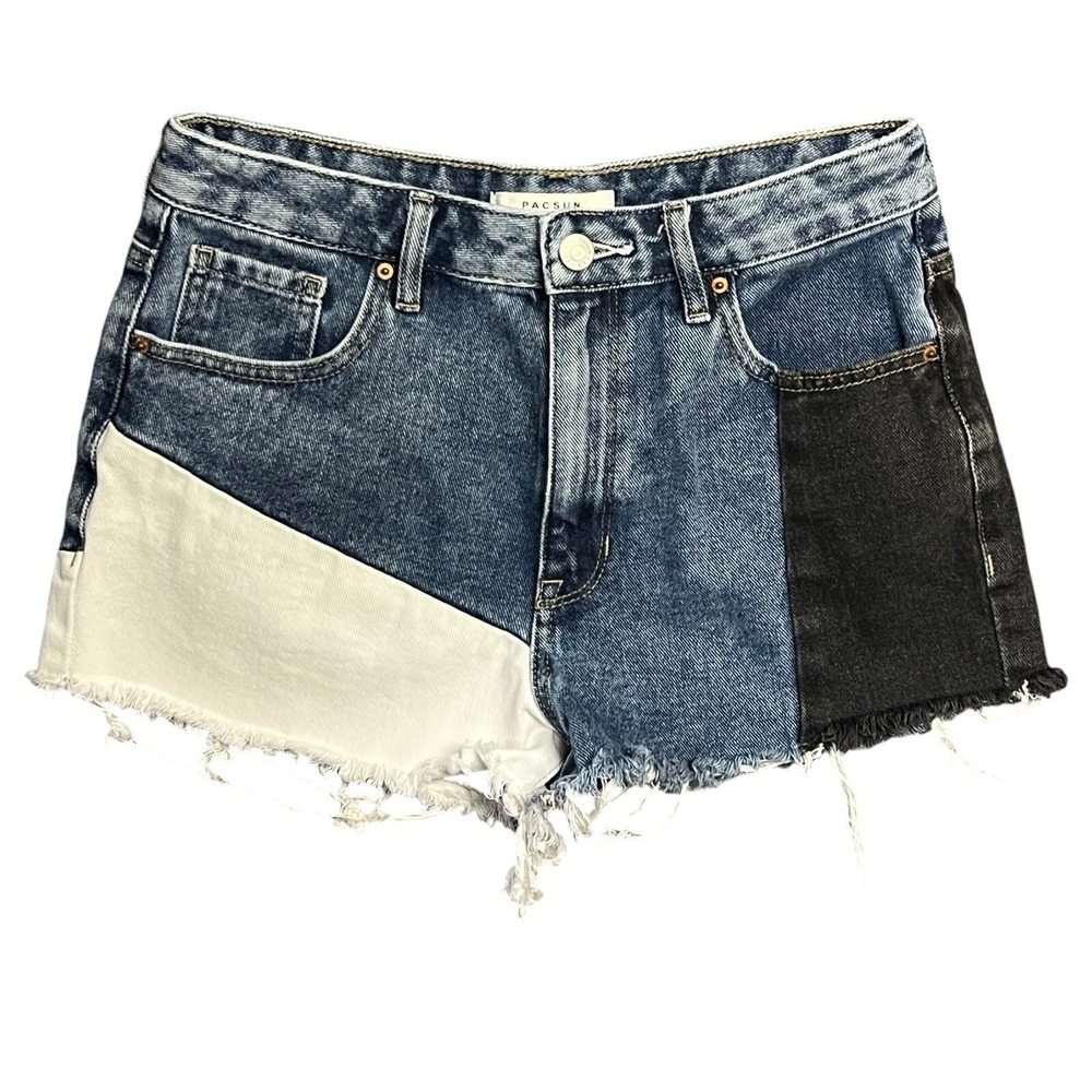 PacSun Jean Denim Shorts 26 Patchwork Frayed Hem High Rise Festival Boho Indie - Picture 2 of 12